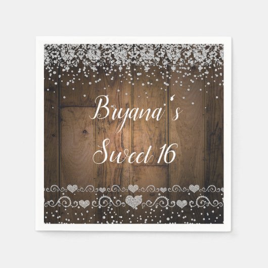 Rustic Wood Glam Diamonds Glitter Birthday Party Servet (Voorkant)
