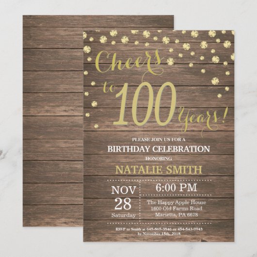 Rustic Wood Gold 100th Birthday Diamond Kaart (Voorkant / Achterkant)