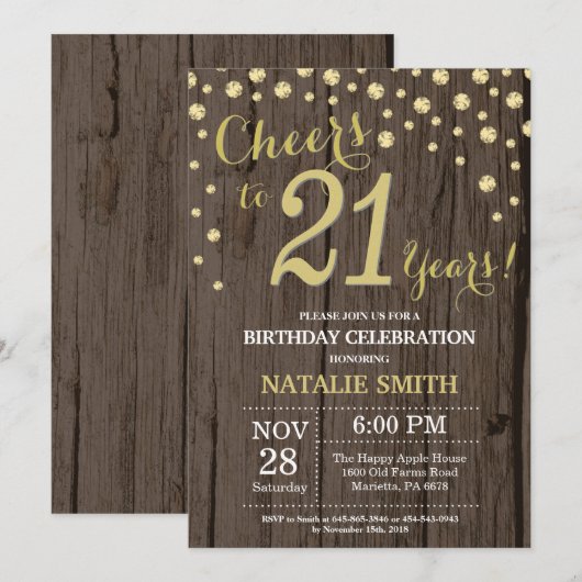 Rustic Wood Gold 21ste Birthday Diamond Kaart (Voorkant / Achterkant)