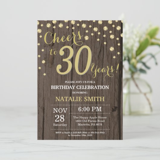 Rustic Wood Gold 30th Birthday Diamond Kaart (Staand voorkant)
