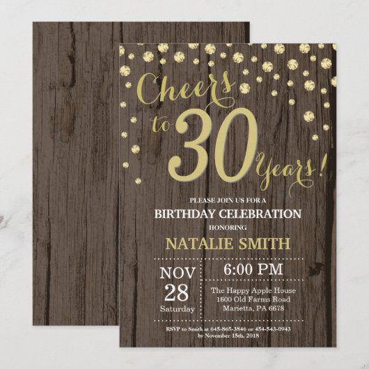 Rustic Wood Gold 30th Birthday Diamond Kaart (Voorkant / Achterkant)