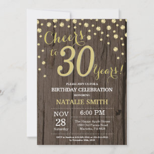 Rustic Wood Gold 30th Birthday Diamond Kaart