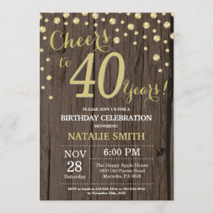 Rustic Wood Gold 40th Birthday Diamond Kaart