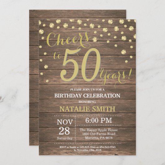 Rustic Wood Gold 50th Birthday Diamond Kaart (Voorkant / Achterkant)