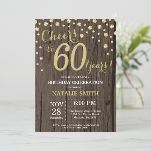 Rustic Wood Gold 60th Birthday Diamond Kaart (Staand voorkant)