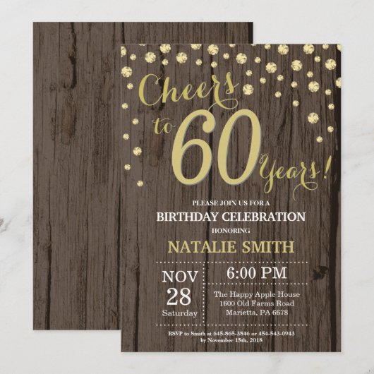 Rustic Wood Gold 60th Birthday Diamond Kaart (Voorkant / Achterkant)