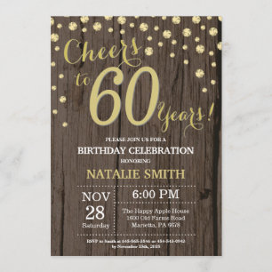 Rustic Wood Gold 60th Birthday Diamond Kaart