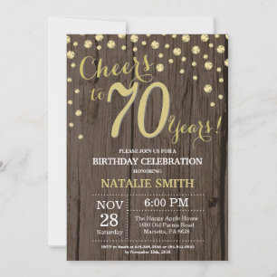 Rustic Wood Gold 70th Birthday Diamond Kaart