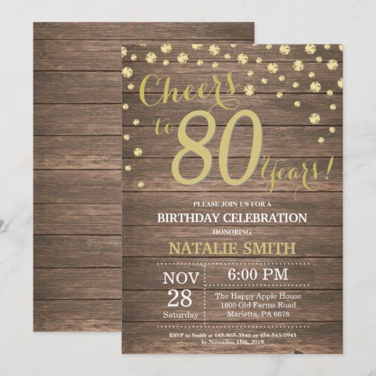Rustic Wood Gold 80e verjaardag diamant Kaart (Voorkant / Achterkant)