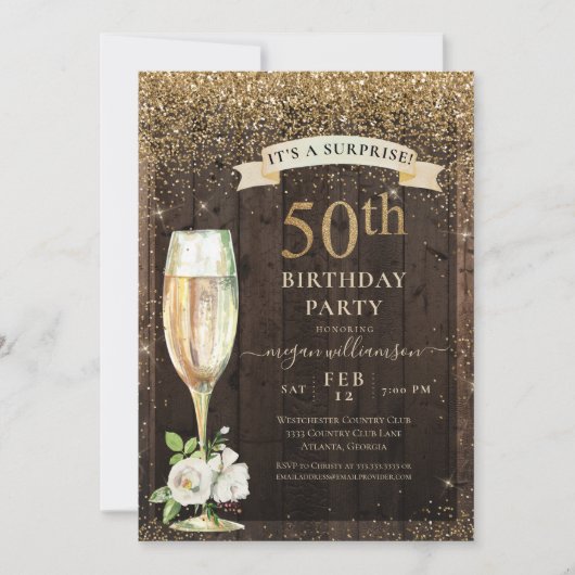Rustic Wood Gold Floral Surprise 50th Birthday Kaart (Voorkant)
