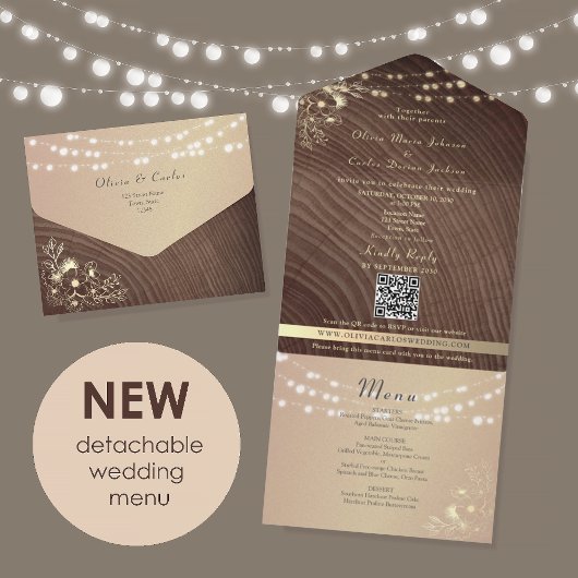 Rustic Wood Gold Floral Wedding All In One Uitnodiging