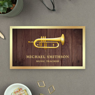 Rustic Wood Gold Foil Trumpet Music Teacher Visitekaartje