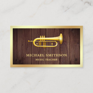 Rustic Wood Gold Foil Trumpet Music Teacher Visitekaartje