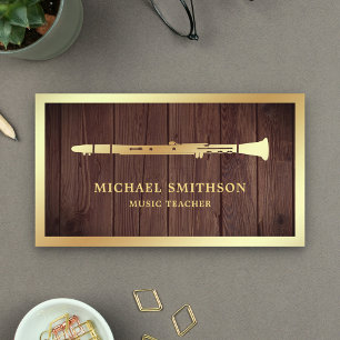 Rustic Wood Gold Folie Klarinet Muziekdocent Visitekaartje