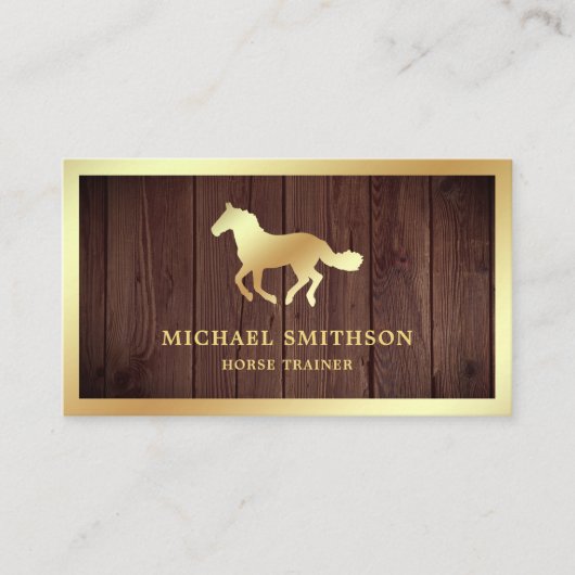 Rustic Wood Gold Folie Paardrijden Instructeur Visitekaartje (Voorkant)
