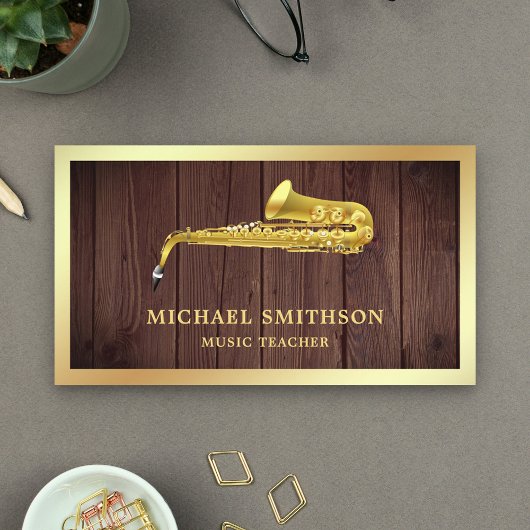 Rustic Wood Gold Folie Saxofoon Muziekdocent Visitekaartje