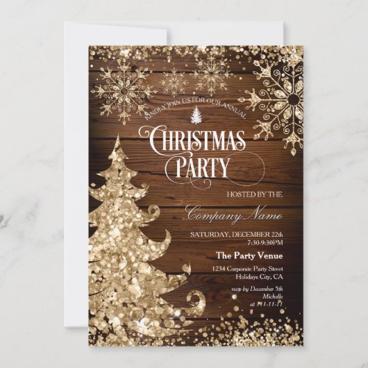 Rustic Wood Gold Glitter Corporate Christmas Party Kaart (Voorkant)