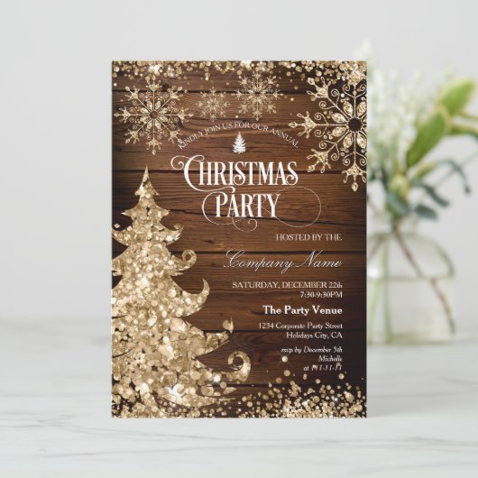 Rustic Wood Gold Glitter Corporate Christmas Party Kaart (Staand voorkant)