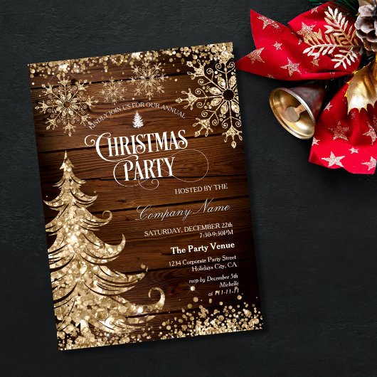 Rustic Wood Gold Glitter Corporate Christmas Party Kaart