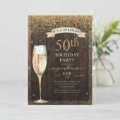 Rustic Wood Gold Glitter Surprise 50th Birthday Kaart (Staand voorkant)