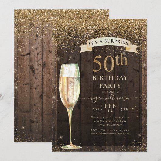 Rustic Wood Gold Glitter Surprise 50th Birthday Kaart (Voorkant / Achterkant)