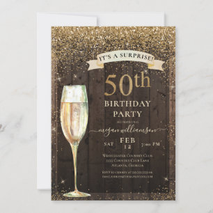 Rustic Wood Gold Glitter Surprise 50th Birthday Kaart