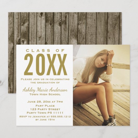 Rustic Wood Gold Graduation Party met foto Kaart (Voorkant / Achterkant)