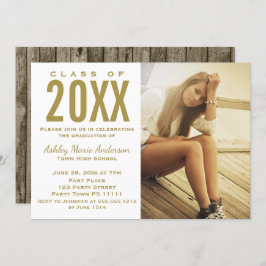 Rustic Wood Gold Graduation Party met foto Kaart