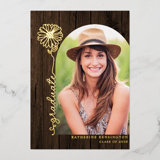 Rustic Wood Gold Handwrited Photo Afstuderen Folie Uitnodiging (Voorkant)