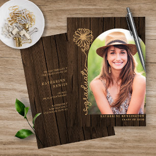 Rustic Wood Gold Handwrited Photo Afstuderen Folie Uitnodiging