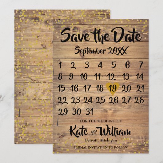 Rustic Wood Gold Love Heart Calendar Save the Date (Voorkant / Achterkant)