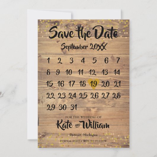 Rustic Wood Gold Love Heart Calendar Save the Date (Voorkant)