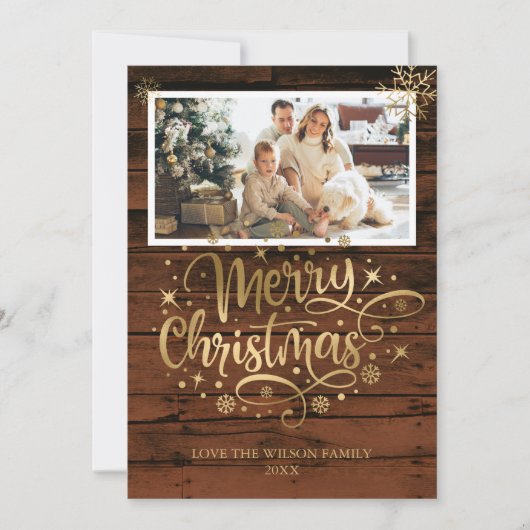 Rustic Wood Gold Merry-kerstfotokaart (Voorkant)