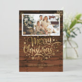 Rustic Wood Gold Merry-kerstfotokaart (Staand voorkant)