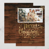 Rustic Wood Gold Merry-kerstfotokaart (Voorkant / Achterkant)