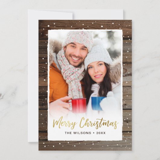 Rustic Wood Gold Merry-kerstfotokaarten Feestdagenkaart (Voorkant)