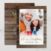 Rustic Wood Gold Merry-kerstfotokaarten Feestdagenkaart (Voorkant / Achterkant)