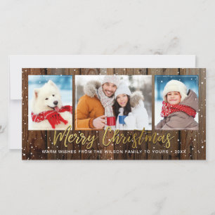 Rustic Wood Gold Merry-kerstfotokaarten Feestdagenkaart
