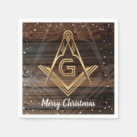 Rustic Wood Gold Merry Kerstmis Masonic Napkins Servetten (Voorkant)