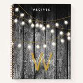 Rustic Wood Gold String Lights Monogram Recipe Notitieboek (Voorkant)