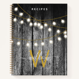 Rustic Wood Gold String Lights Monogram Recipe Notitieboek