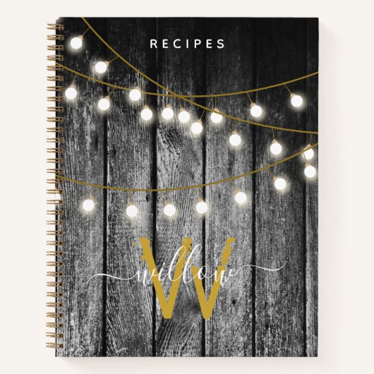 Rustic Wood Gold String Lights Monogram Recipe Notitieboek (Voorkant)