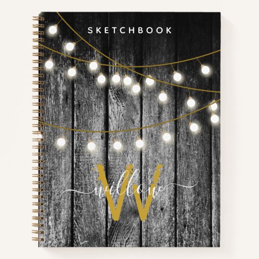 Rustic Wood Gold String Lights Monogram Sketchbook Notitieboek (Voorkant)