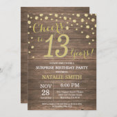 Rustic Wood Gold Surprise 13th Birthday Diamond Kaart (Voorkant / Achterkant)