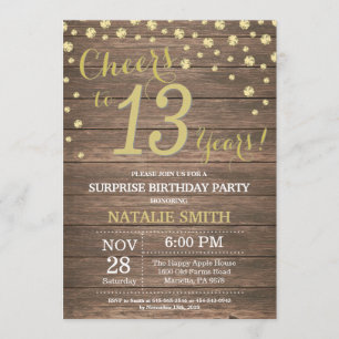 Rustic Wood Gold Surprise 13th Birthday Diamond Kaart
