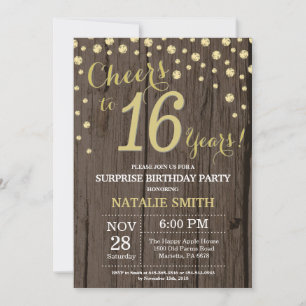 Rustic Wood Gold Surprise 16th Birthday Diamond Kaart