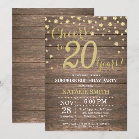 Rustic Wood Gold Surprise 20e Verjaardag Diamant Kaart (Voorkant / Achterkant)