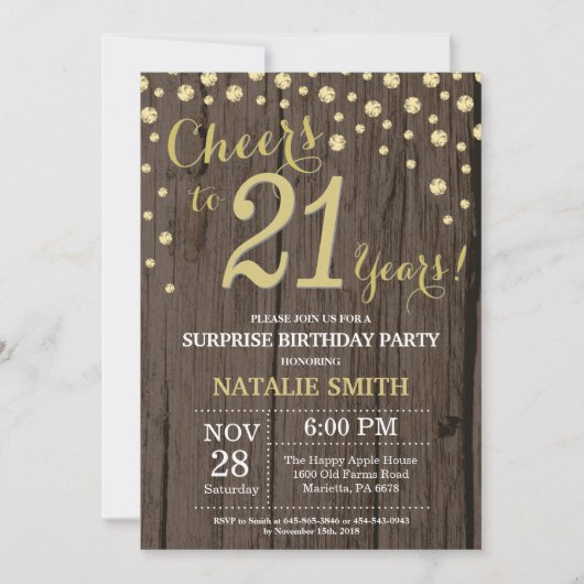 Rustic Wood Gold Surprise 21st Birthday Diamond Kaart (Voorkant)