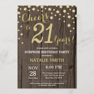 Rustic Wood Gold Surprise 21st Birthday Diamond Kaart