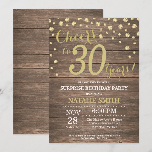 Rustic Wood Gold Surprise 30e verjaardag diamant Kaart (Voorkant / Achterkant)